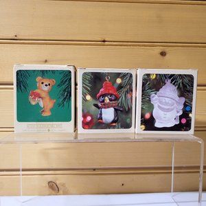 Keepsake Ornament 3 Hallmark Vintage Perky Penguin Cinnamon Bear Frosted Images